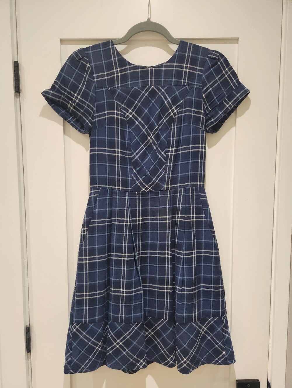 Navy Plaid Short-Sleeve Dress